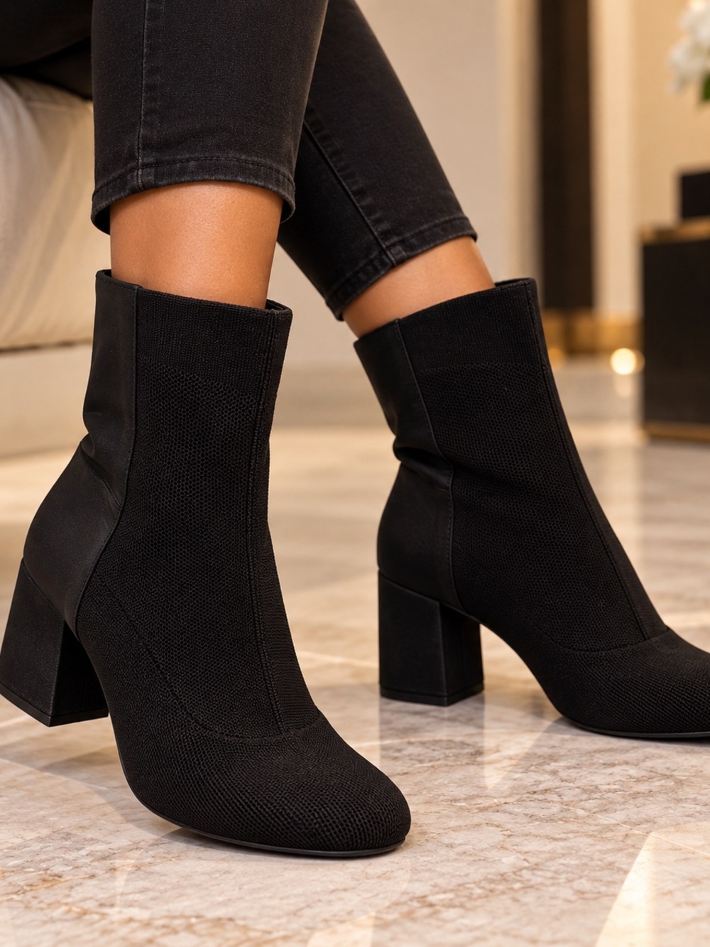 MIA Women’s Size 9 Black Stretch Knit Ankle Boots Chunky Block Heel Booties